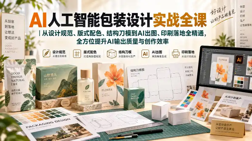 AI人工智能包装设计实战全课｜从设计规范、版式配色、结构刀模到AI出图、印刷落地全精通-得宝资源站