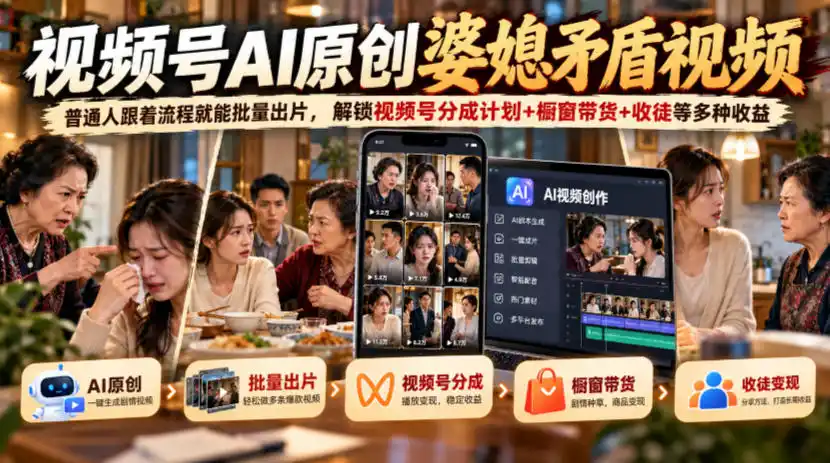 视频号ai原创婆媳矛盾视频，普通人跟着流程就能批量出片，解锁视频号分成计划+橱窗带货+收徒等多种收益-得宝资源站