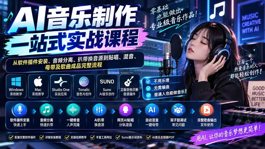 AI音乐制作一站式实战课程：从软件插件安装、音频分离、扒带换音源到贴唱、混音、母带及歌曲成品完整流程-得宝资源站