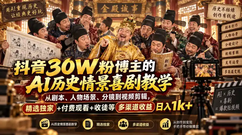 抖音30W粉博主的AI历史情景喜剧教学，从剧本、人物场景、分镜到视频剪辑，精选独家+付费观看+收徒等多渠道收益日入1k+-得宝资源站