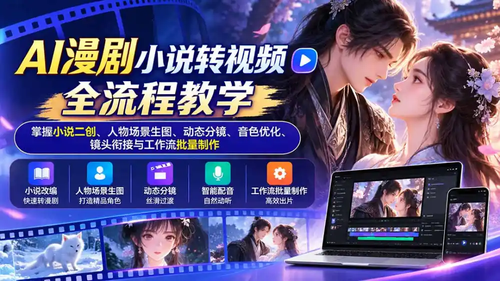 AI漫剧小说转视频全流程教学：掌握小说二创、人物场景生图、动态分镜、音色优化、镜头衔接与工作流批量制作-得宝资源站