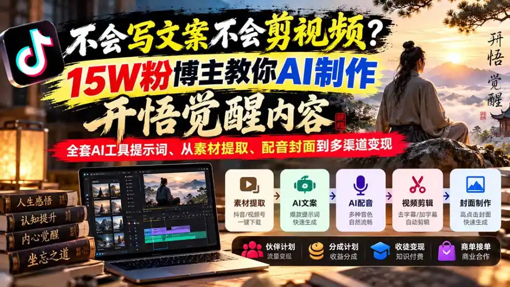 不会写文案不会剪视频？15W粉博主教你AI制作开悟觉醒内容，全套AI工具提示词、从素材提取、配音封面到多渠道变现-得宝资源站