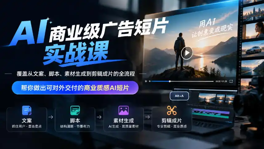 AI商业级广告短片实战课，覆盖从文案、脚本、素材生成到剪辑成片的全流程，帮你做出可对外交付的商业质感AI短片-得宝资源站
