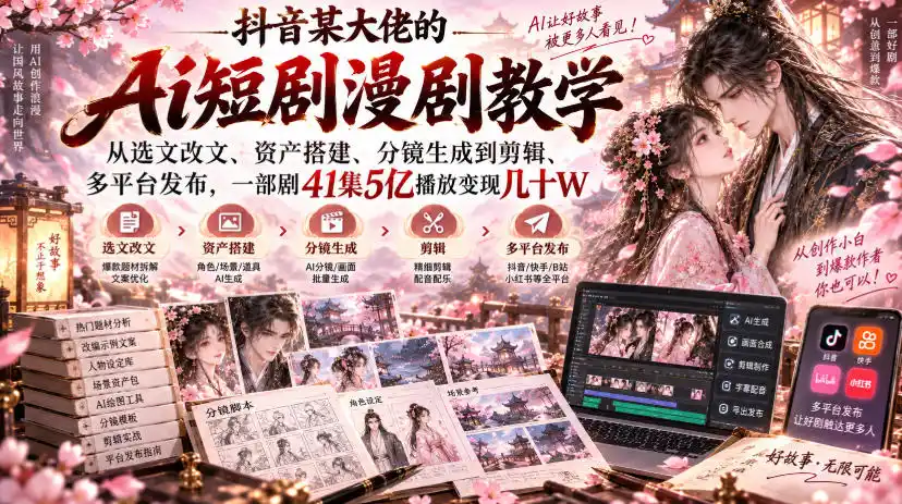 抖音某大佬的Ai短剧漫剧教学，从选文改文、资产搭建、分镜生成到剪辑、多平台发布，一部剧41集5亿播放变现几十W-得宝资源站