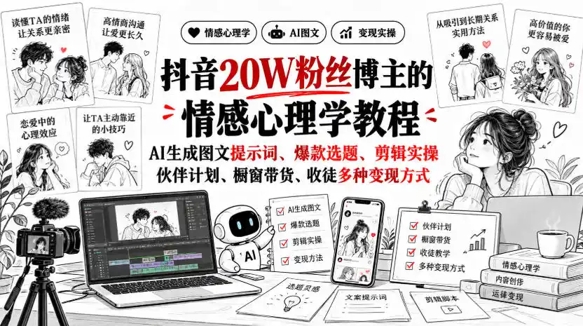 抖音20W粉丝博主静候心声的情感心理学教程，AI生成图文提示词、爆款选题、剪辑实操，伙伴计划、橱窗带货、收徒多种变现方式-得宝资源站