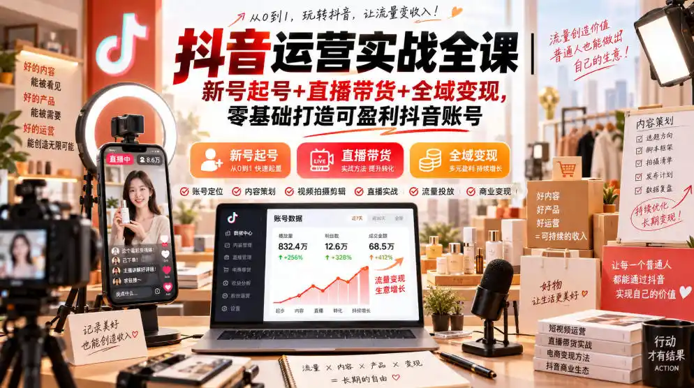 抖音运营实战全课｜新号起号+直播带货+全域变现，零基础打造可盈利抖音账号-得宝资源站
