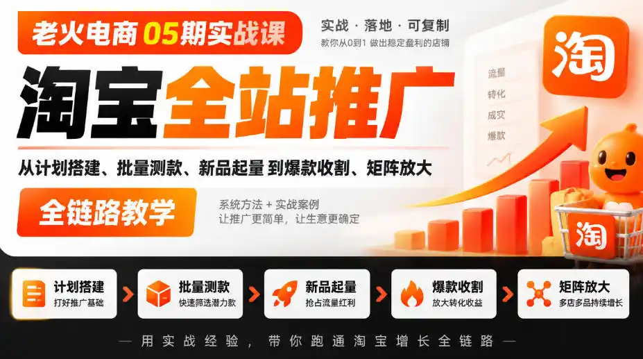 老火电商05期实战课｜淘宝全站推广从计划搭建、批量测款、新品起量到爆款收割、矩阵放大全链路教学-得宝资源站
