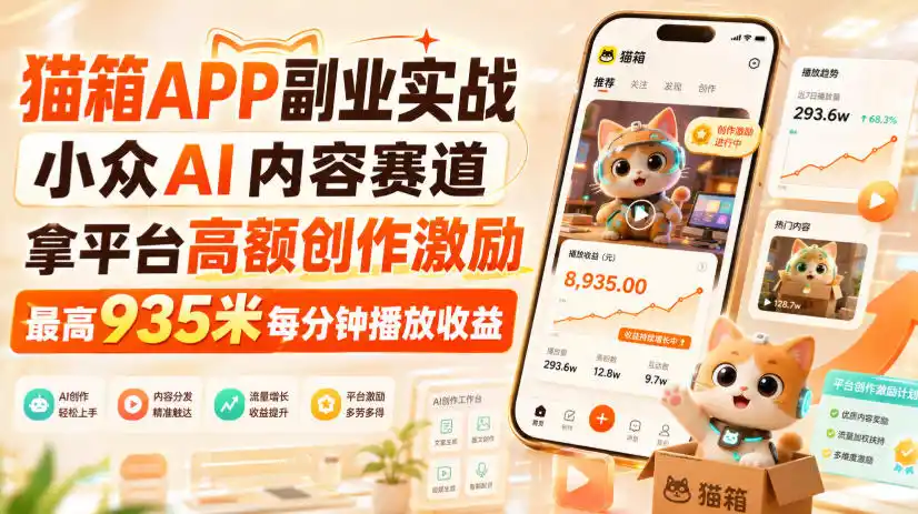 猫箱APP副业实战，小众AI内容赛道，拿平台高额创作激励，最高935米每分钟播放收益-得宝资源站