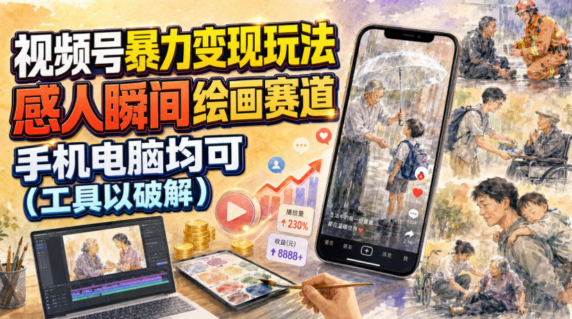 视频号暴力变现玩法，感人瞬间绘画赛道，手机电脑均可-得宝资源站