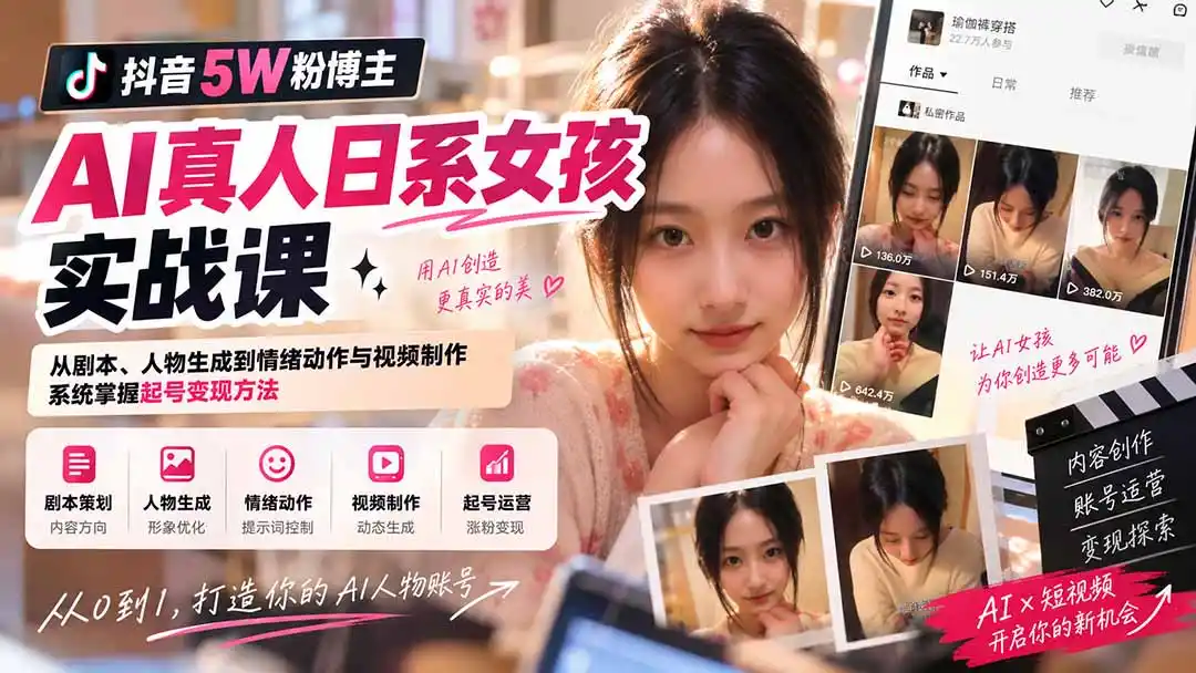 抖音5W粉博主AI真人日系女孩实战课：从剧本、人物生成到情绪动作与视频制作，系统掌握起号变现方法-得宝资源站