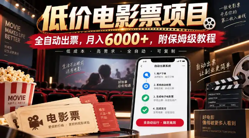 低价电影票项目，全自动出票，月入6000+，附保姆级教程【揭秘】-得宝资源站