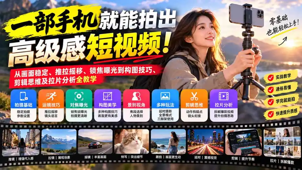 一部手机就能拍出高级感短视频！从画面稳定、推拉摇移、锁焦曝光到构图技巧、剪辑思维及拉片分析全教学-得宝资源站