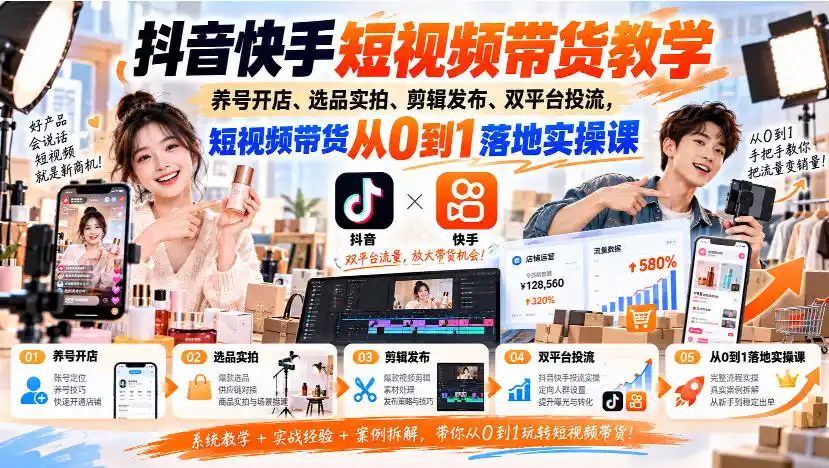 抖音快手短视频带货教学｜养号开店、选品实拍、剪辑发布、双平台投流，短视频带货从0到1落地实操课-得宝资源站