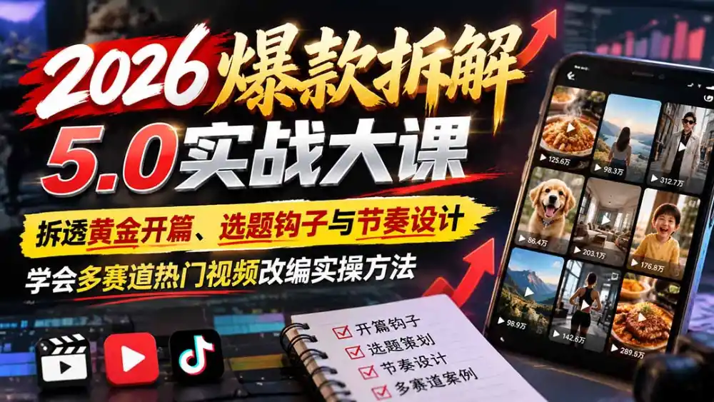 2026爆款拆解5.0实战大课：拆透黄金开篇、选题钩子与节奏设计，学会多赛道热门视频改编实操方法-得宝资源站