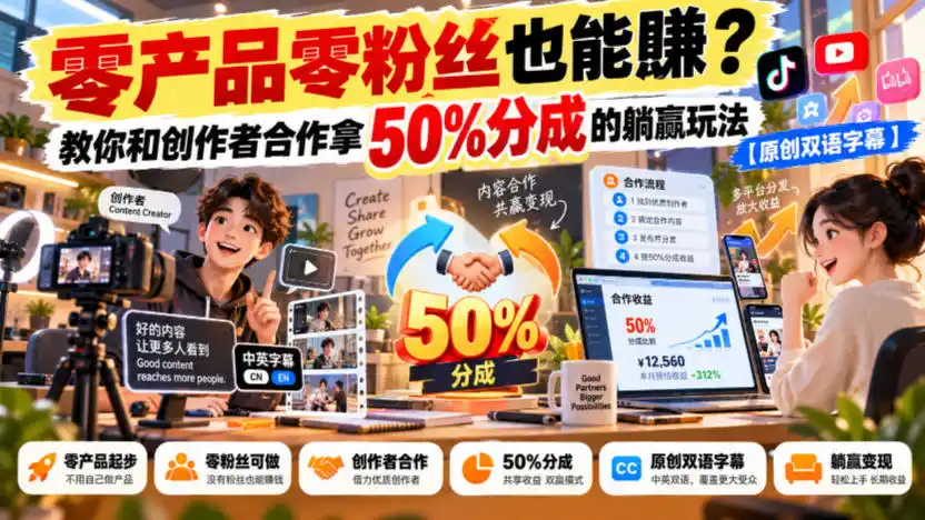 【无水印】零产品零粉丝也能賺？教你和创作者合作拿50%分成的躺赢玩法【原创双语字幕】-得宝资源站