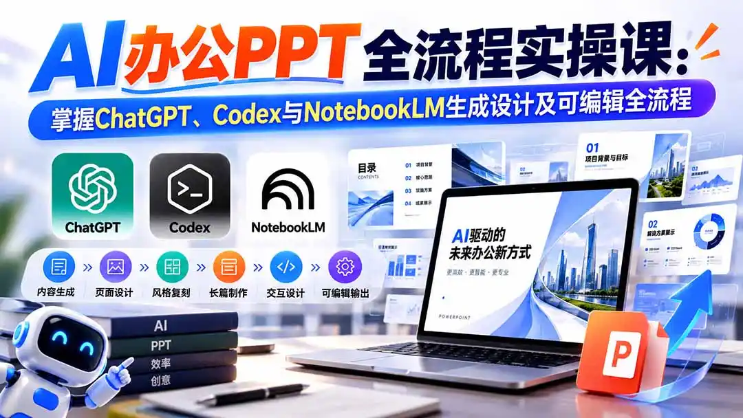 【无水印】AI办公PPT全流程实操课： 掌握ChatGPT、Codex与NotebookLM生成设计及可编辑全流程-得宝资源站
