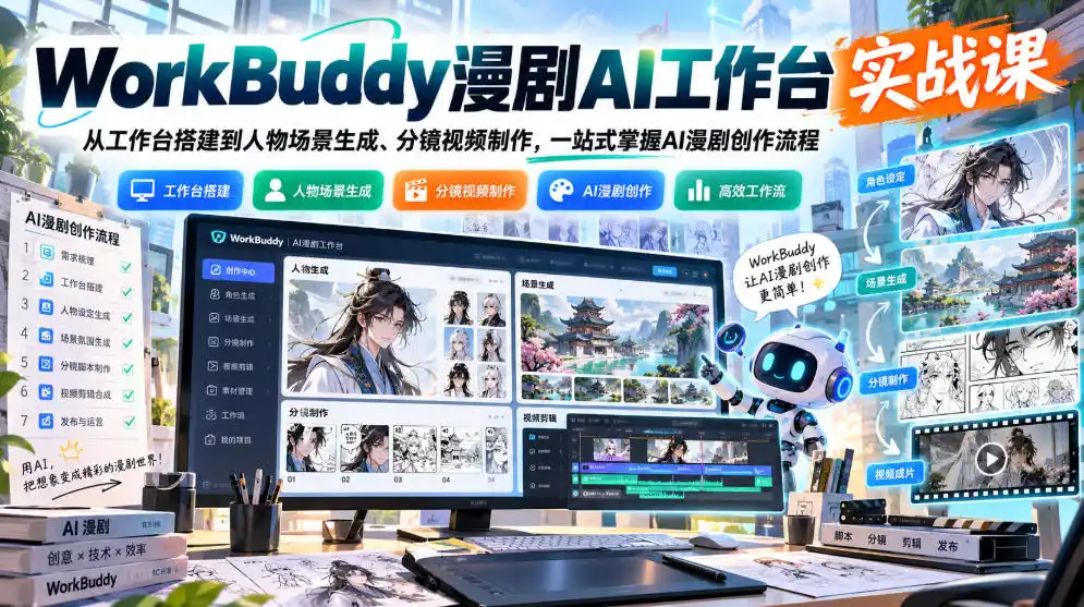 WorkBuddy漫剧AI工作台实战课：从工作台搭建到人物场景生成、分镜视频制作，一站式掌握AI漫剧创作流程-得宝资源站