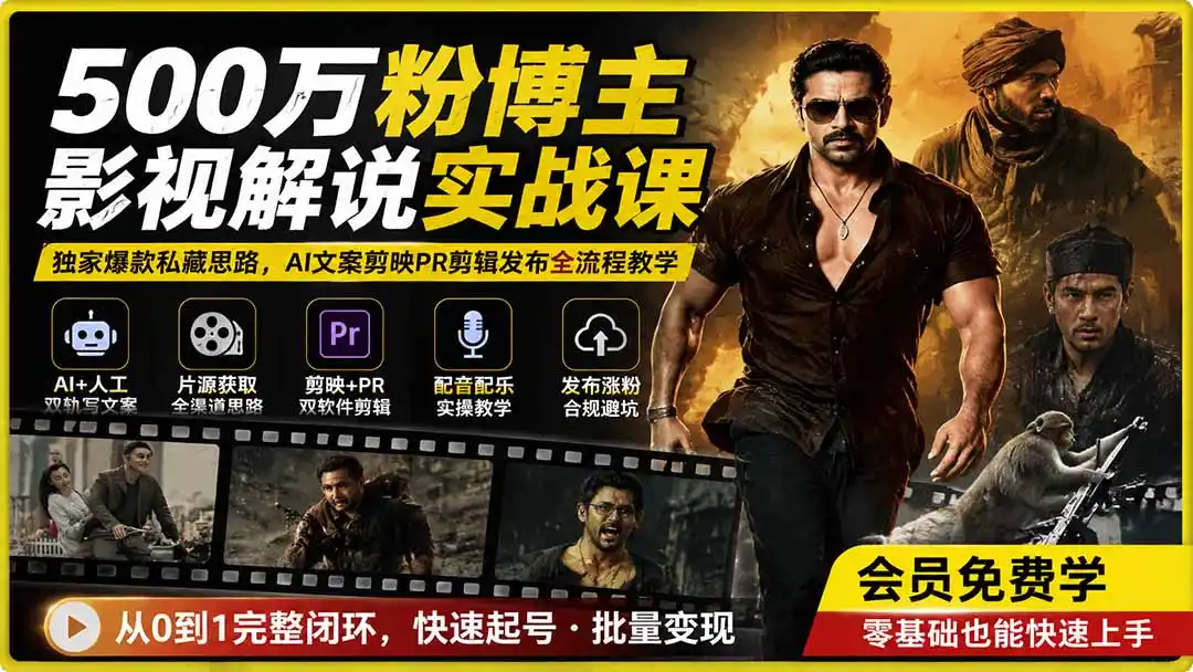 500万粉博主影视解说实战课｜独家爆款私藏思路，AI文案剪映PR剪辑发布全流程教学-得宝资源站