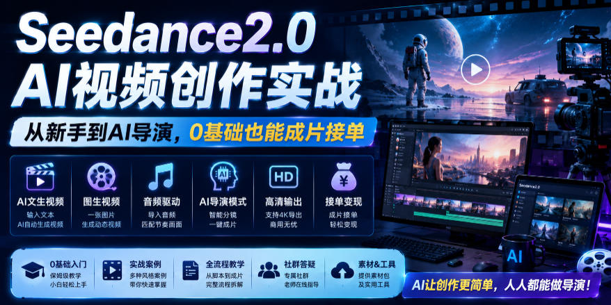 Seedance2.0 AI视频创作实战，从新手到AI导演，0基础也能成片接单变现-得宝资源站