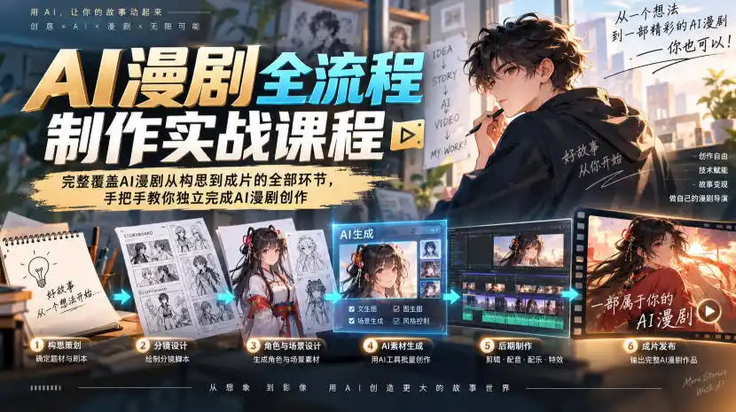 AI漫剧全流程制作实战课程，完整覆盖AI漫剧从构思到成片的全部环节，手把手教你独立完成AI漫剧创作-得宝资源站