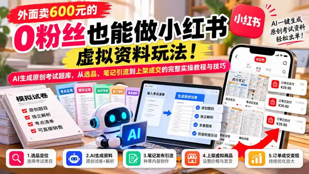 外面卖600元的 零粉丝也能做小红书虚拟资料玩法！AI生成原创考试题库，从选品、笔记引流到上架成交的完整实操教程-得宝资源站