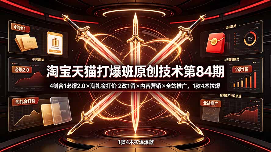 淘宝天猫打爆班原创技术第84期：4剑合1必爆2.0×淘礼金打价×2改1留×内容营销×全站推广，1款4术拉爆-得宝资源站