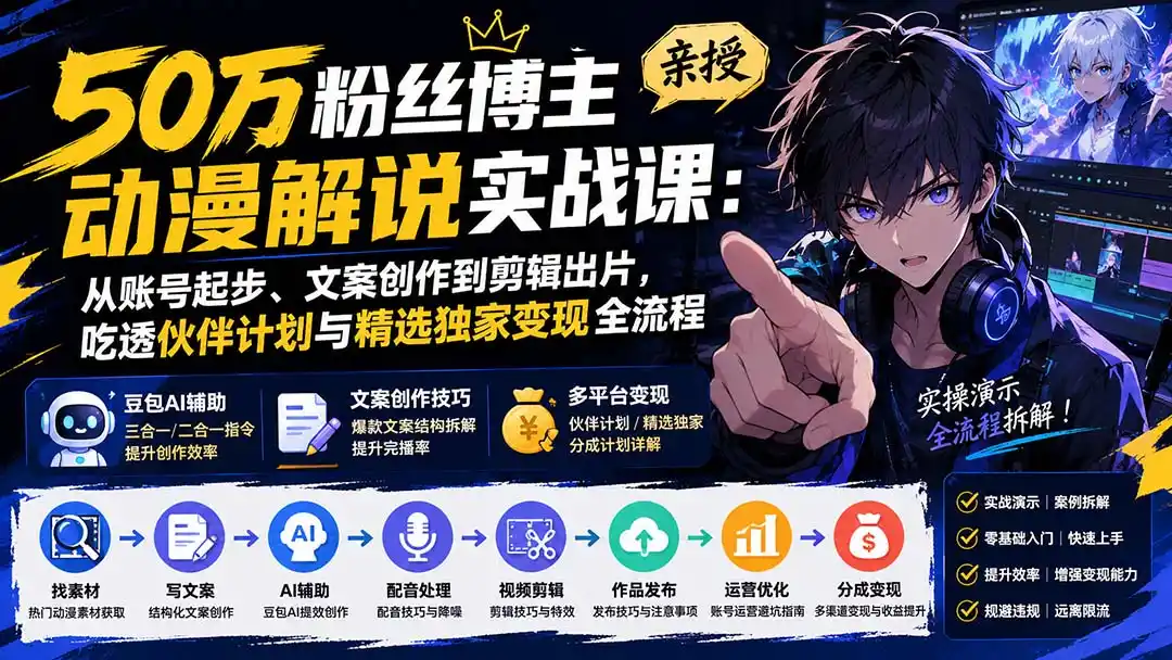 50万粉丝博主亲授动漫解说实战课：从账号起步、文案创作到剪辑出片，吃透伙伴计划与精选独家变现全流程-得宝资源站