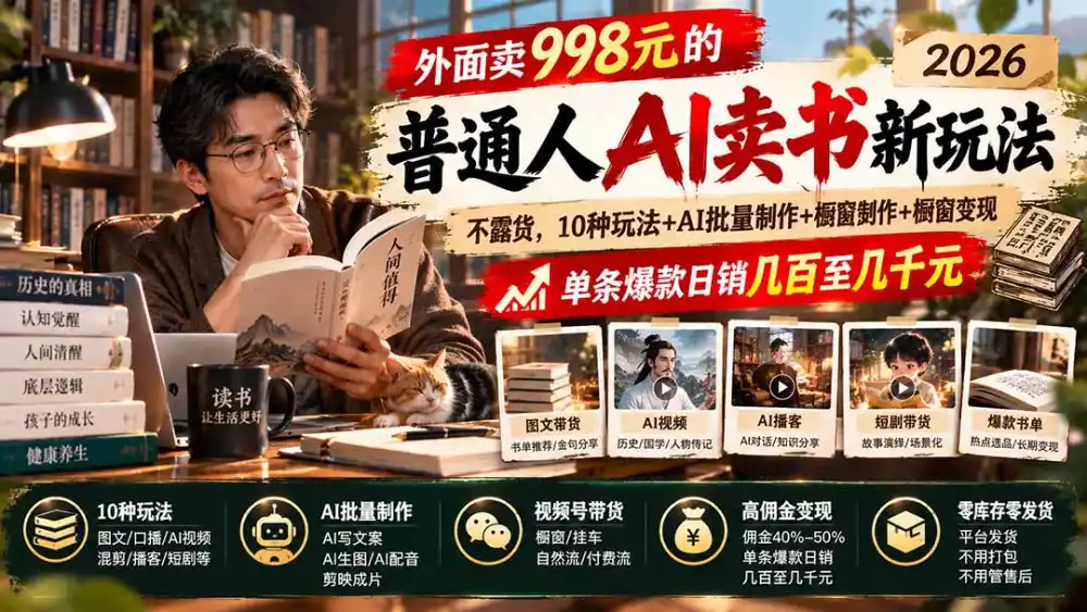 外面卖998元的2026普通人AI卖书新玩法：不露脸、不囤货，10种玩法+AI批量制作+橱窗变现，单条爆款日销几百至几千元-得宝资源站