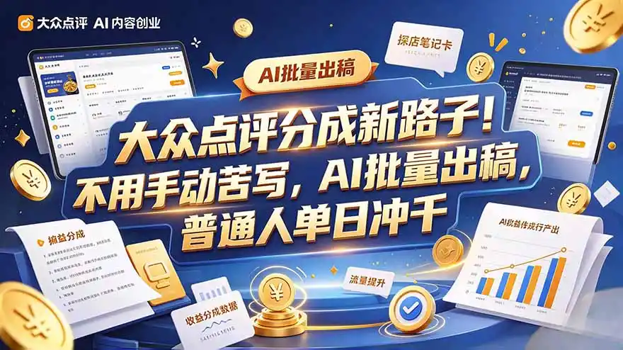 大众点评副业新玩法，工具提效解放双手，批量做笔记，单日可破千-得宝资源站