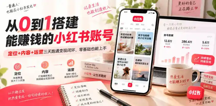 从0到1搭建能賺钱的小红书账号，定位+内容+运营三天跑通变现闭环-得宝资源站