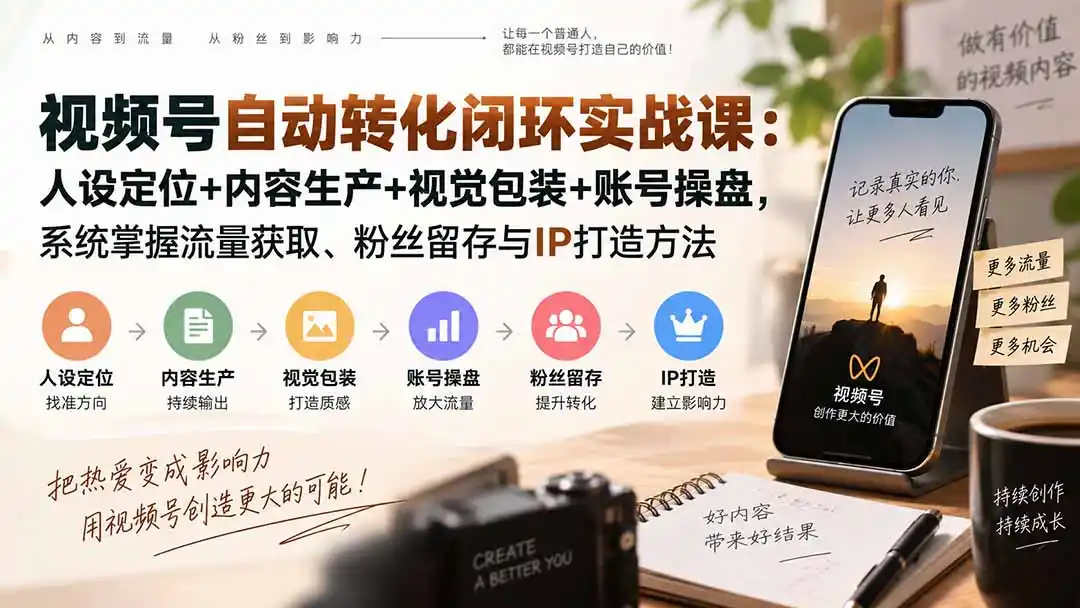 视频号自动转化闭环实战课：人设定位+内容生产+视觉包装+账号操盘，系统掌握流量获取、粉丝留存与IP打造方法-得宝资源站