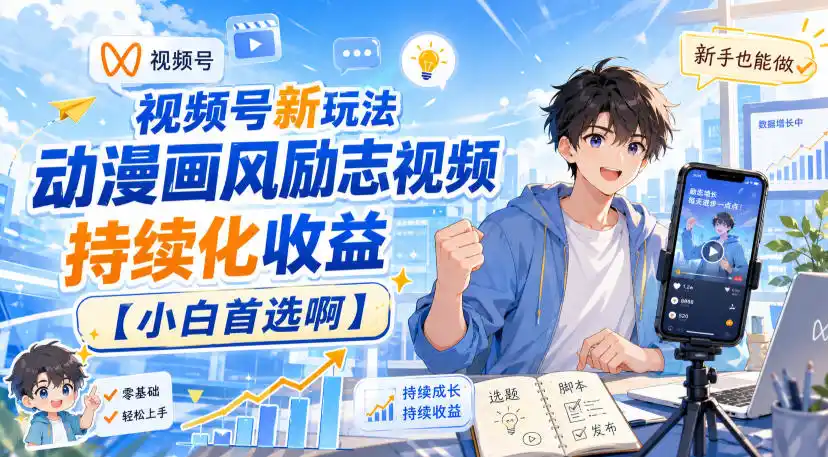视频号新玩法动漫画风励志视频，持续化收益【小白首选啊】-得宝资源站