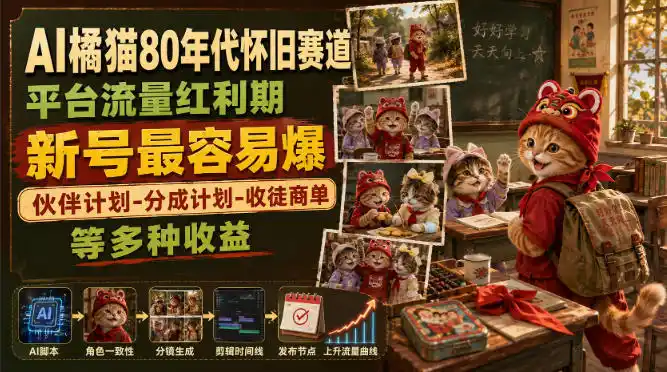 AI橘猫80年代怀旧赛道,平台流量红利期,新号最容易爆,伙伴计划-分成计划-收徒商单等多种收益