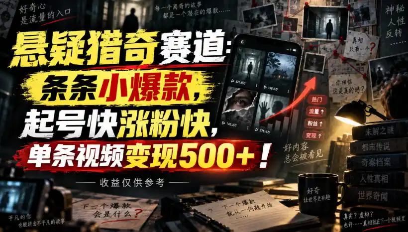 悬疑猎奇赛道：条条小爆款，起号快涨粉快，单条视频变现500+！收益仅供参考-得宝资源站