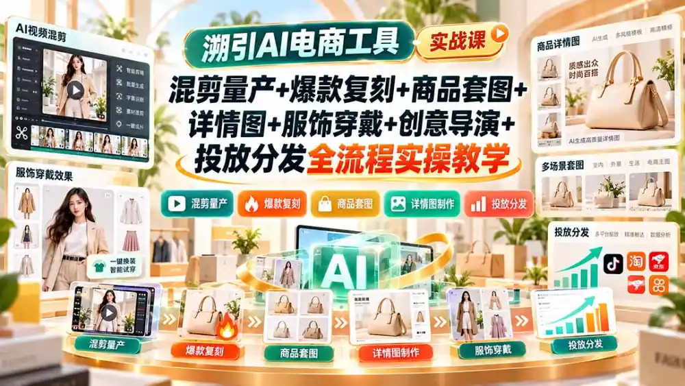 溯引AI电商工具实战课：混剪量产+爆款复刻+商品套图+详情图+服饰穿戴+创意导演+投放分发全流程实操教学-得宝资源站