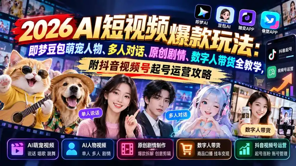 2026AI短视频爆款玩法：即梦豆包萌宠人物、多人对话、原创剧情、数字人带货全教学，附抖音视频号起号运营攻略-得宝资源站