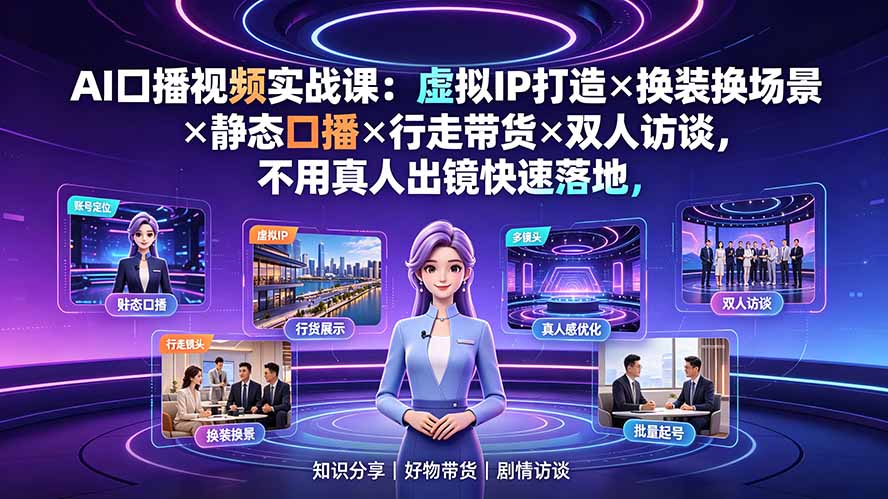 AI口播视频实战课：虚拟IP打造×换装换场景×静态口播×行走带货×双人访谈，不用真人出镜快速落地-得宝资源站