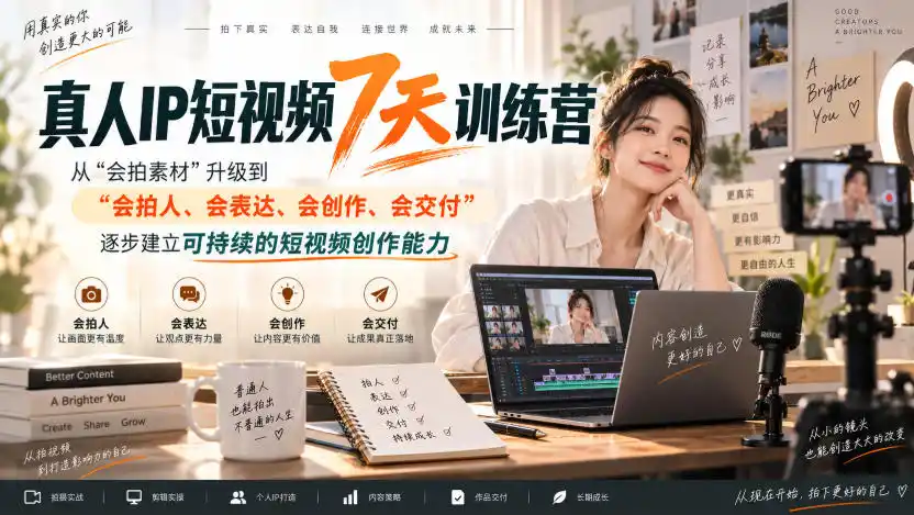真人IP短视频7天训练营，从“会拍素材”升级到“会拍人、会表达、会创作、会交付”，逐步建立可持续的短视频创作能力-得宝资源站