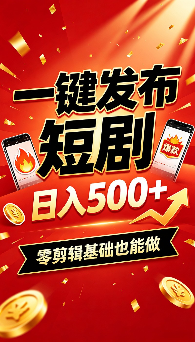快手短剧一键发布，不用剪辑操作简单，副业日入500+。空闲时间轻松赚收益-得宝资源站