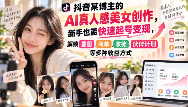 抖音某博主的AI真人感美女创作，新手也能快速起号变现，解锁星图，商单，收徒，伙伴计划等多种收益方式-得宝资源站