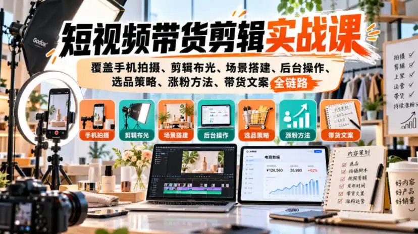 短视频带货剪辑实战课，覆盖手机拍摄、剪辑布光、场景搭建、后台操作、选品策略、涨粉方法、带货文案全链路-得宝资源站