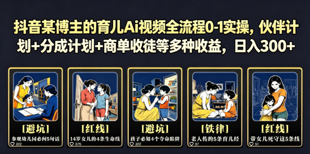 抖音某博主的育儿Ai视频全流程0-1实操，伙伴计划+分成计划+商单收徒等多种收益，日入300+-得宝资源站