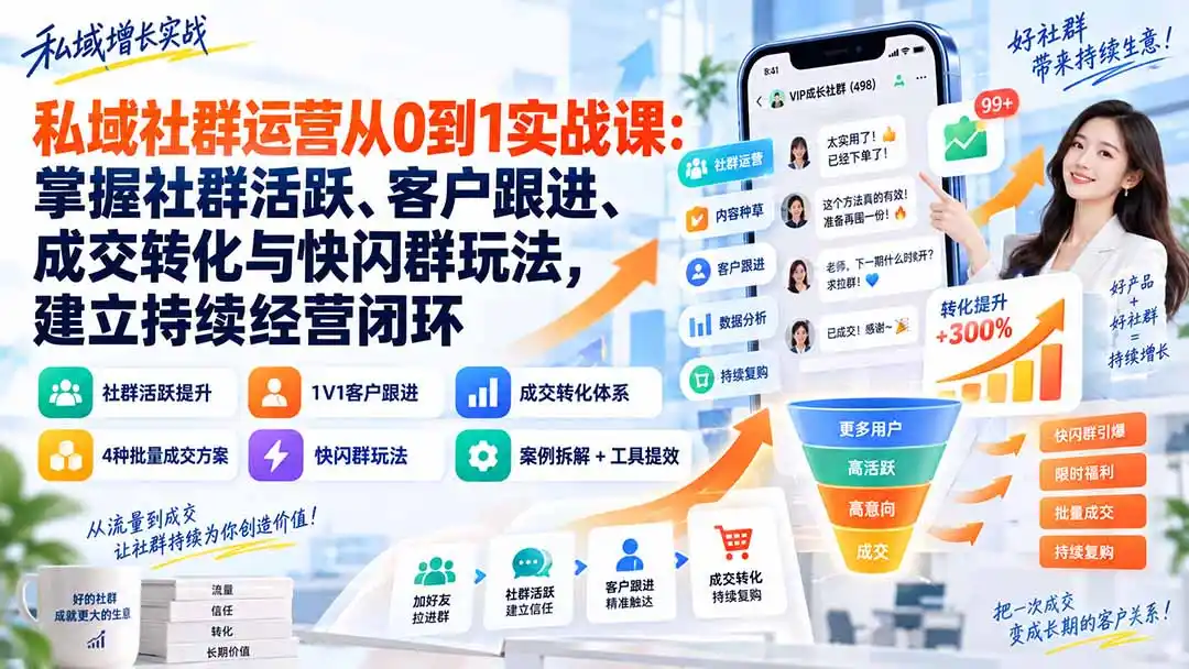 私域社群运营从0到1实战课：掌握社群活跃、客户跟进、成交转化与快闪群玩法，建立持续经营闭环-得宝资源站