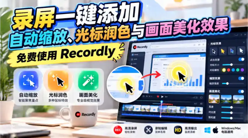 录屏一键添加自动缩放、光标润色与画面美化效果，免费使用Recordly-得宝资源站