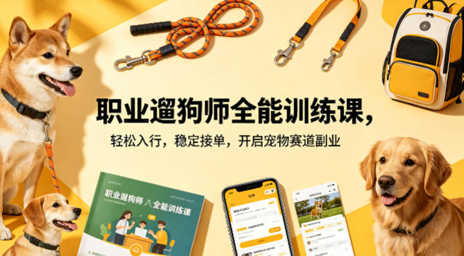 职业遛狗师全能训练课，轻松入行，稳定接单，开启宠物赛道副业-得宝资源站