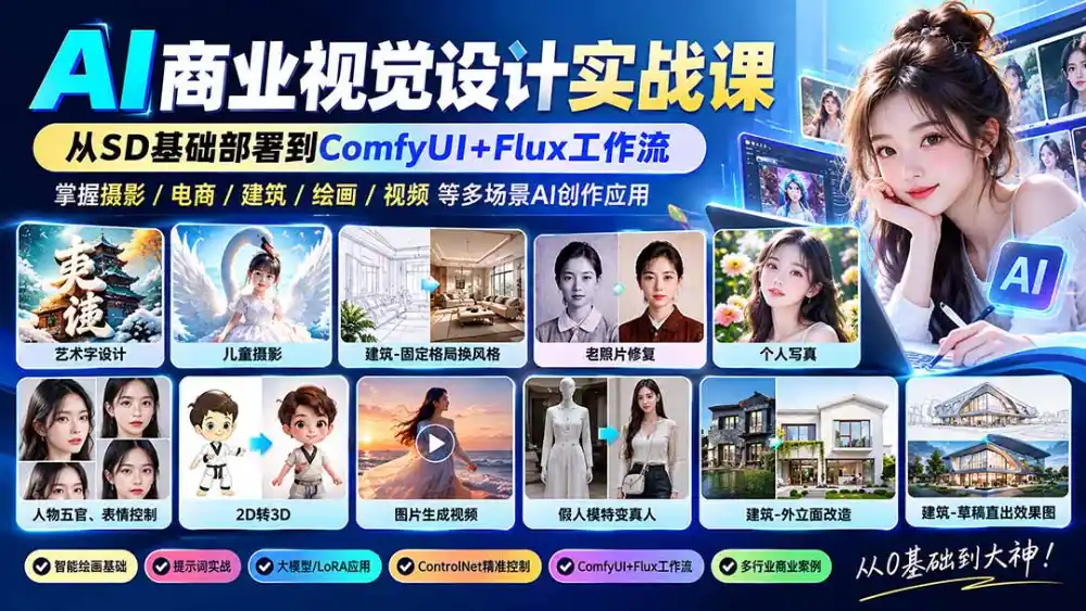 【无水印】AI商业视觉设计实战课：从SD基础部署到ComfyUI+Flux工作流，掌握摄影电商建筑AI创作-得宝资源站