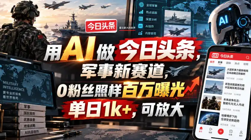 用AI做今日头条，军事新赛道，0粉丝照样百万曝光，单日1k+，可放大-得宝资源站
