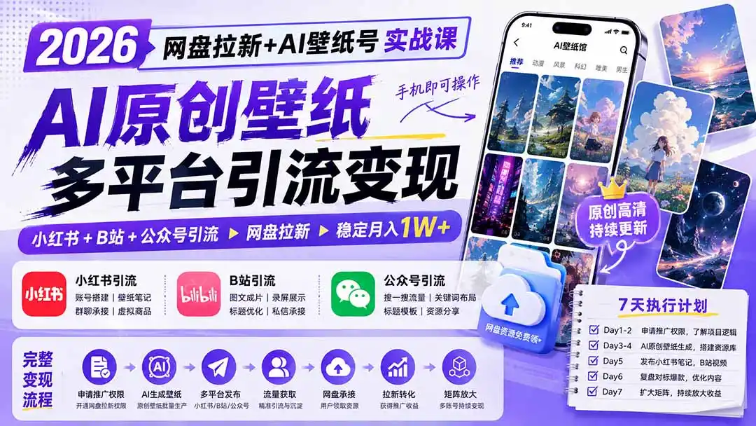 2026网盘拉新+AI壁纸号实战课：AI原创壁纸+小红书+B站+公众号引流，手机即可操作，月入1W+-得宝资源站
