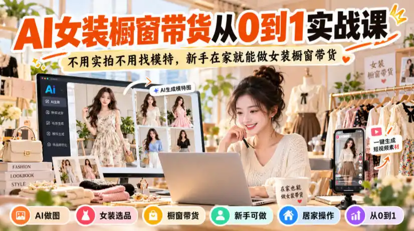 AI女装橱窗带货从0到1实战课，不用实拍不用找模特，新手在家就能做女装橱窗带货-得宝资源站