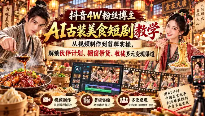 抖音4W粉丝博主AI古装美食短剧教学，从视频制作到剪辑实操，解锁伙伴计划、橱窗带货、收徒多元变现渠道-得宝资源站